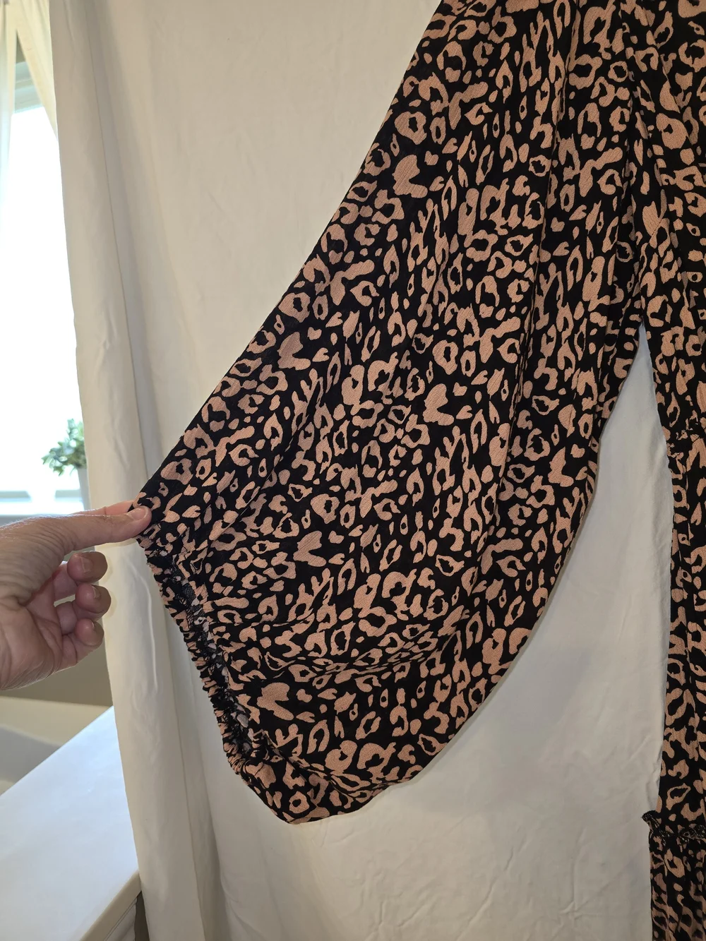 GGO Black and Blush Animal-Print Long Sleeve Tiered Dress